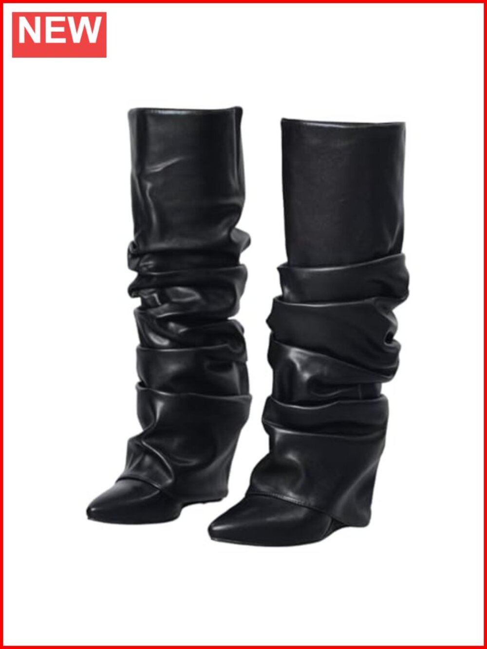 Slouched Ruched Fold Over Knee High Boots Patent Leather Wedge Heel Wide Calf